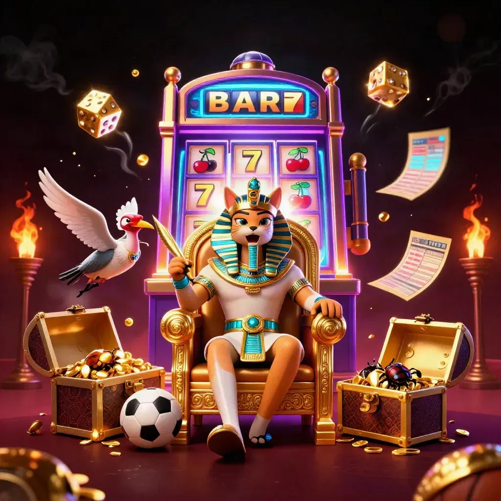 Pharaoh cat on throne with ibis scribe, scarabs, jackpot slot burst, balls, and gold in neon casino glow.