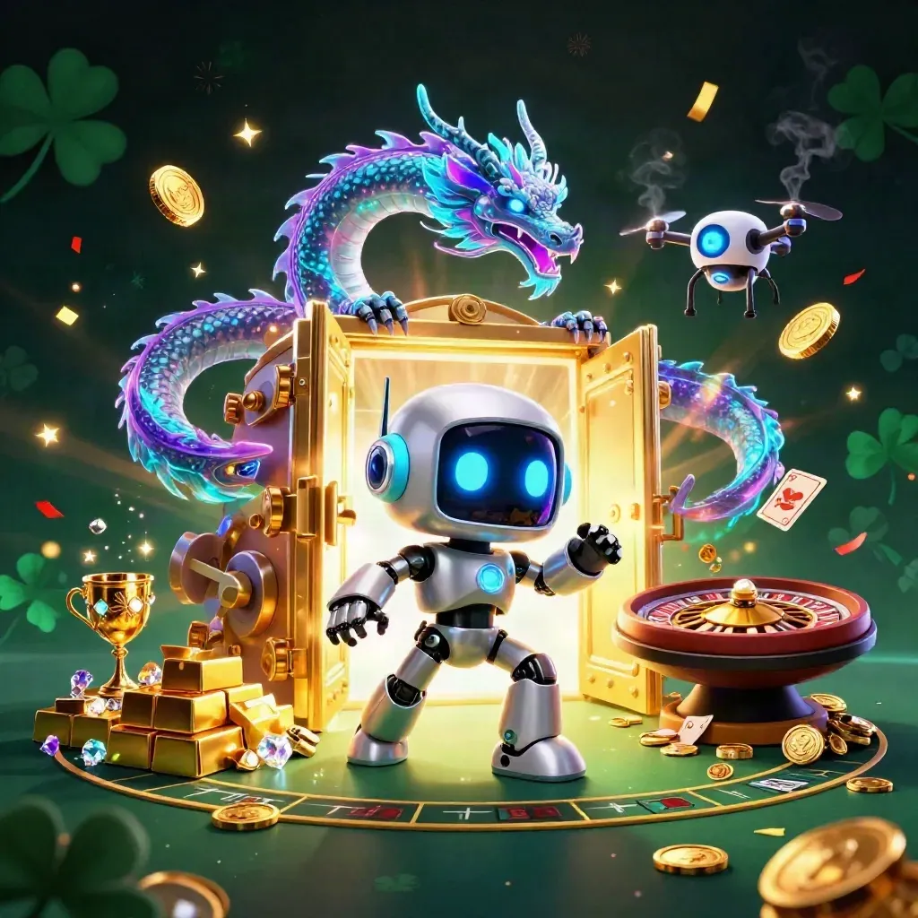 Cyberpunk robot, holographic dragon, and coin drone in a lavish casino vault with gold, gems, and neon glow.