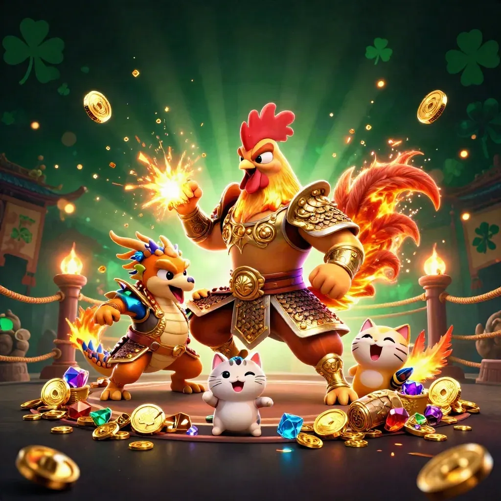 Rooster samurai, spark-breathing hatchling, and fortune cat amid casino treasure glow.