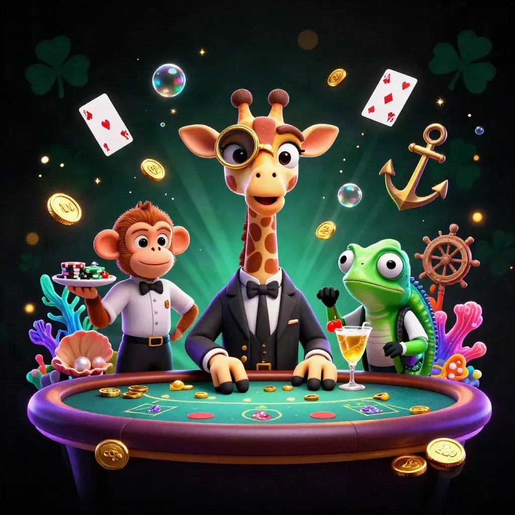 Suit-clad giraffe, monkey valet and chameleon bartender in a glowing treasure cove casino scene.