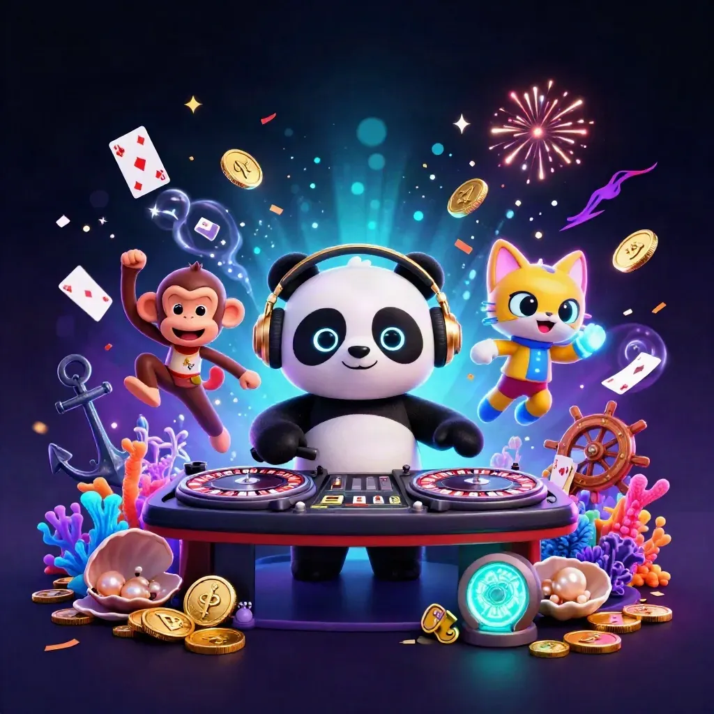 DJ panda, breakdancing monkey, and glow kitten amid casino treasure, coins, fireworks, and neon energy.