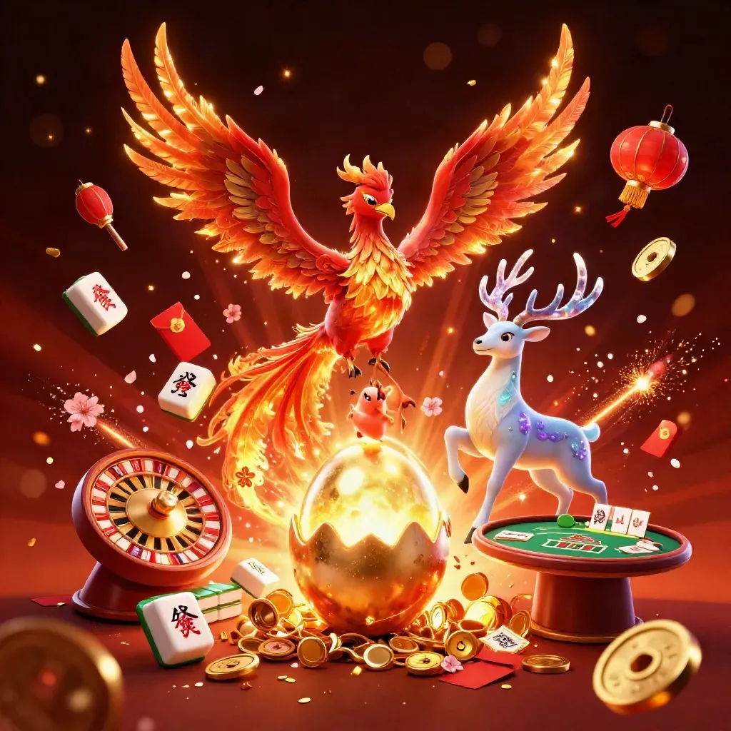 Phoenix, baby phoenix, and crystal-antlered stag amid casino coins, lanterns, fireworks, and gold glow.