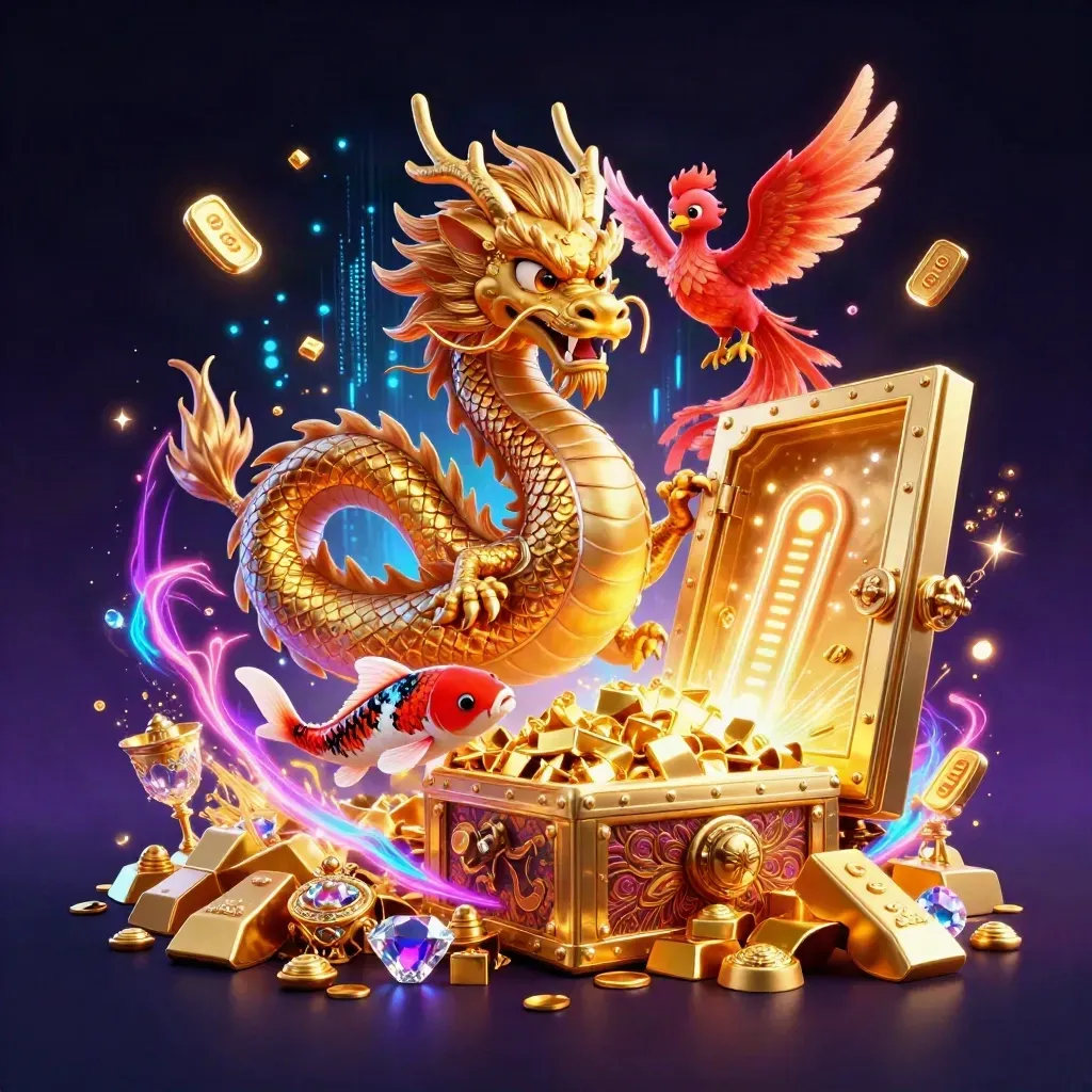 Golden dragon, phoenix, and koi burst from a treasure vault in neon casino glow.
