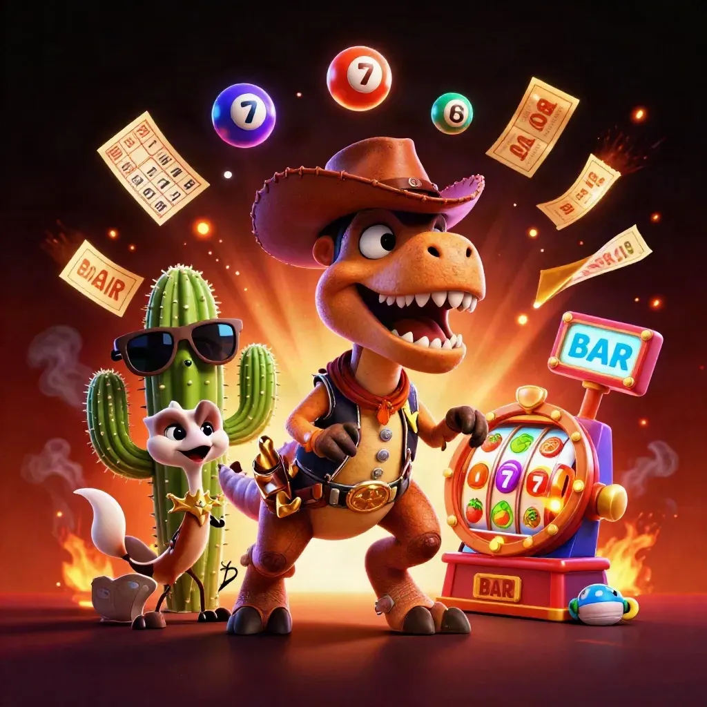 Cowboy T-Rex, cactus sidekick, and roadrunner amid casino bursts and neon glow.