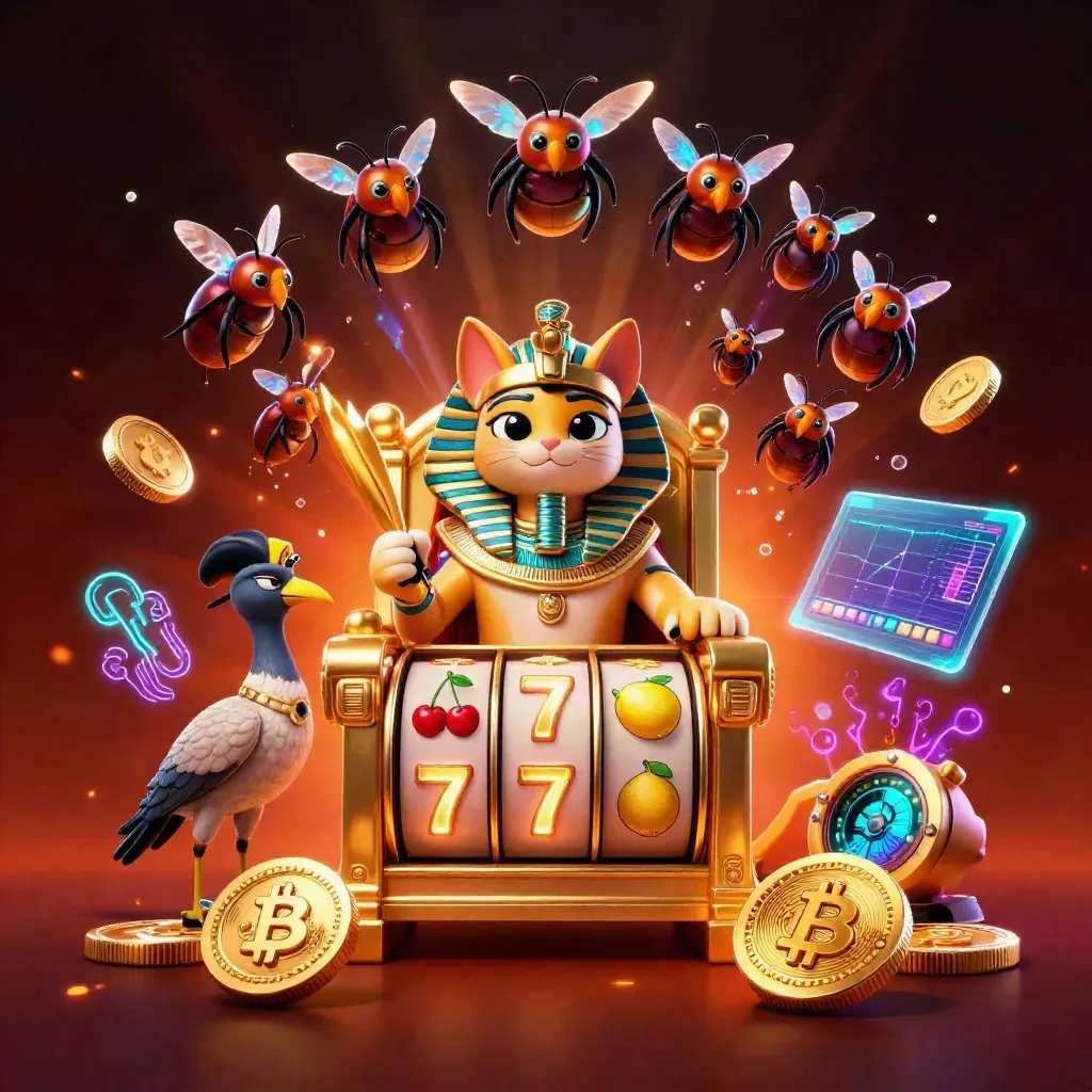 Pharaoh cat, ibis scribe, and gem-wing scarabs amid casino coins, reels, lightning, and neon glow.