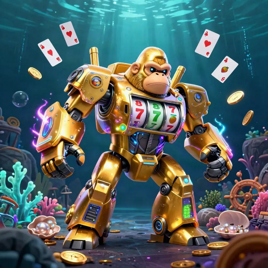Golden gorilla slot mech underwater with coins, coral, cards, and a tiny monkey pilot